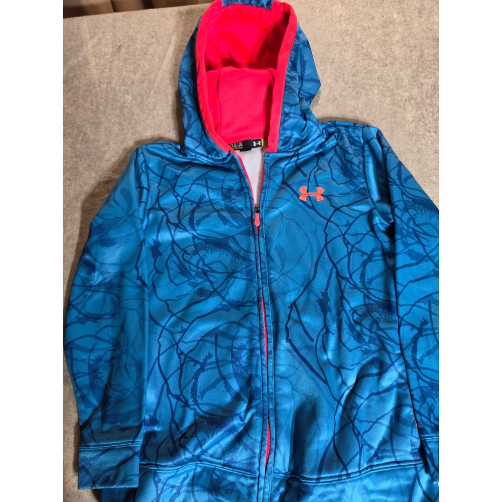 Under Armour Girls Blue Pink Abstract Swirl Full Zip Fleece Hoodie YLG Large